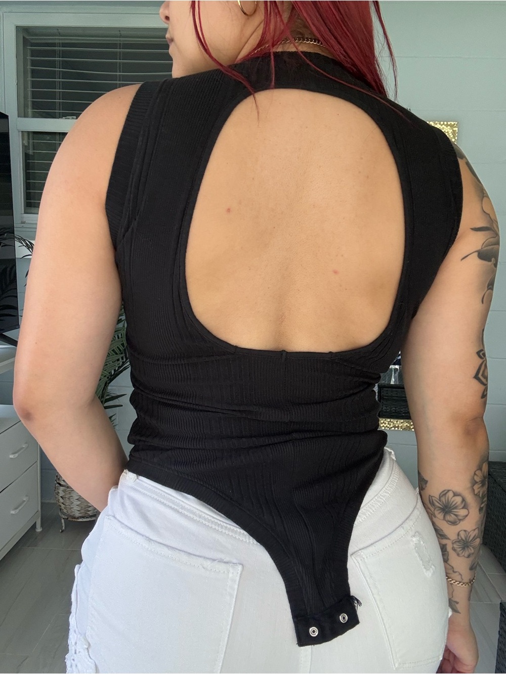 Urban Nation Black Ribbed Bodysuit – Sleeveless Open Back – Size S